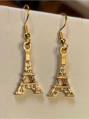New Gold Eiffel Tower Dangle Earrings with bling rhinestone Accents